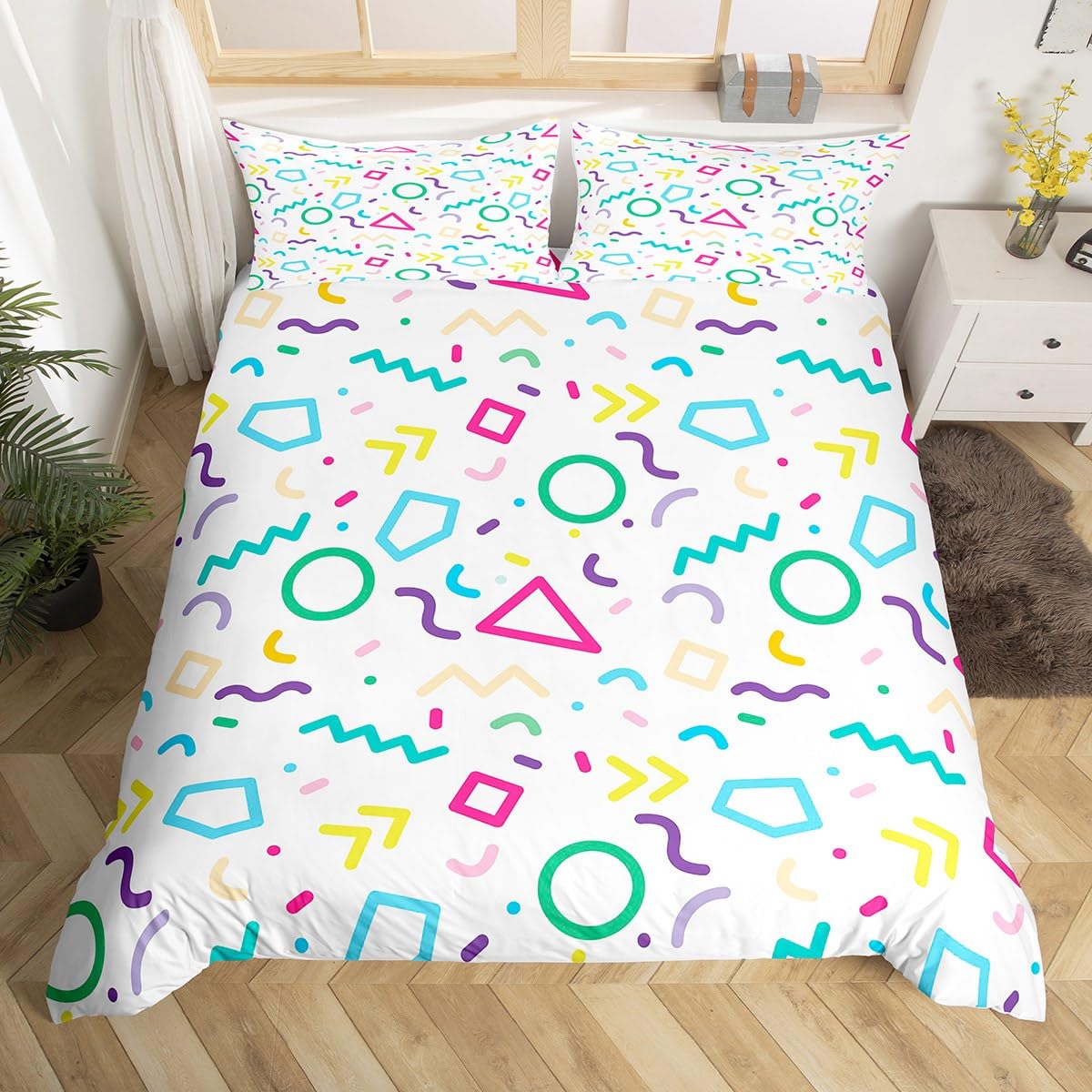 Memphis Duvet Cover Set King Size, Colorful Geometric Vintage Bedding Set 3pcs for Kids Boy Girls, Retro 80s or 90s Fashion Style Comforter Cover Soft Polyester Quilt Cover with 2 Pillowcases