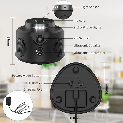 Miniatura 3 de Repelente de roedores para interiores, repelente ultrasónico de plagas de 360° con 9 luces estroboscópicas y 3 altavoces, trampas electrónicas