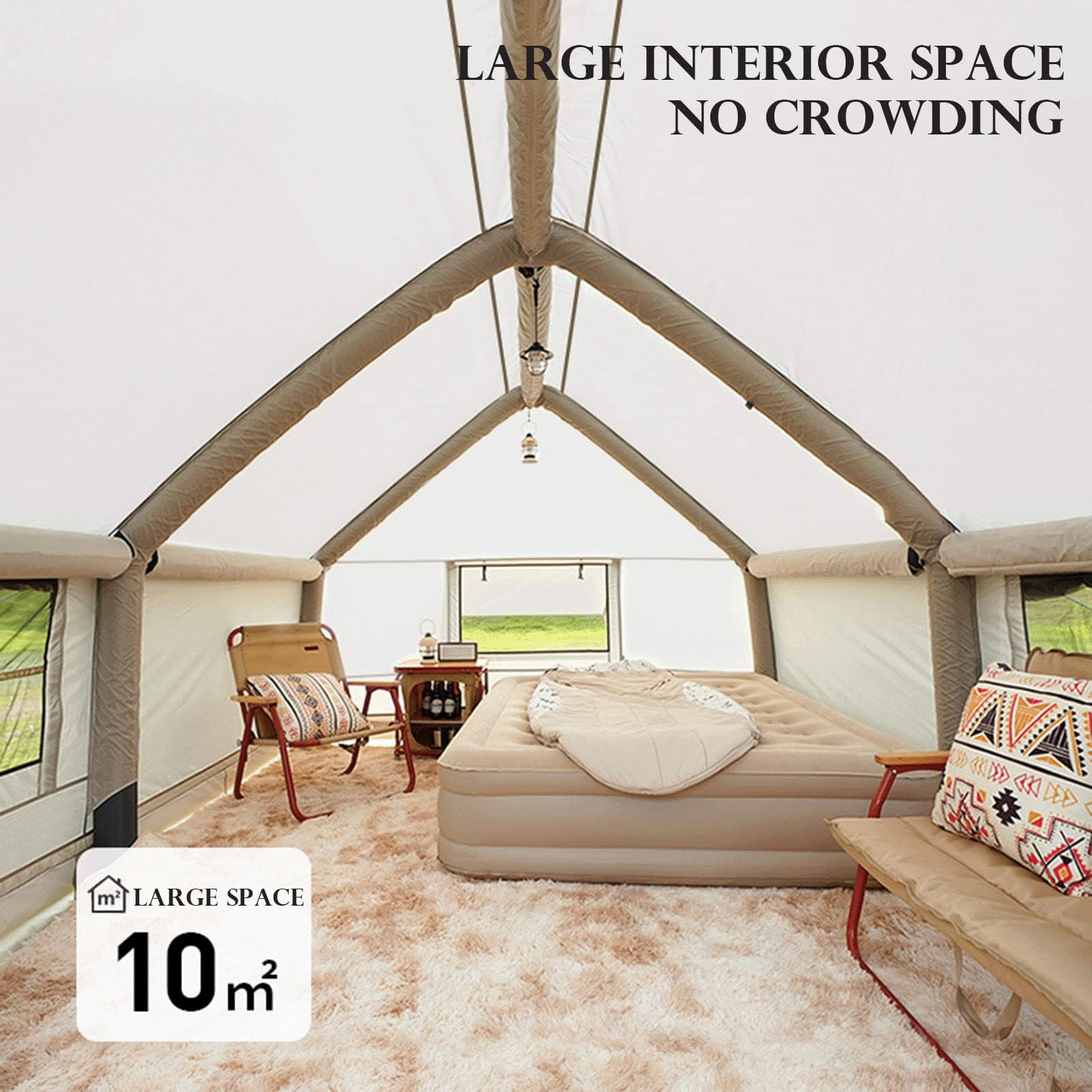 Tenda da campeggio gonfiabile, tenda da campeggio automatica, spazio 10㎡, impermeabile PU2000 mm, colonna d'aria integrata, uscita camino, per 4 stagioni per uso familiare