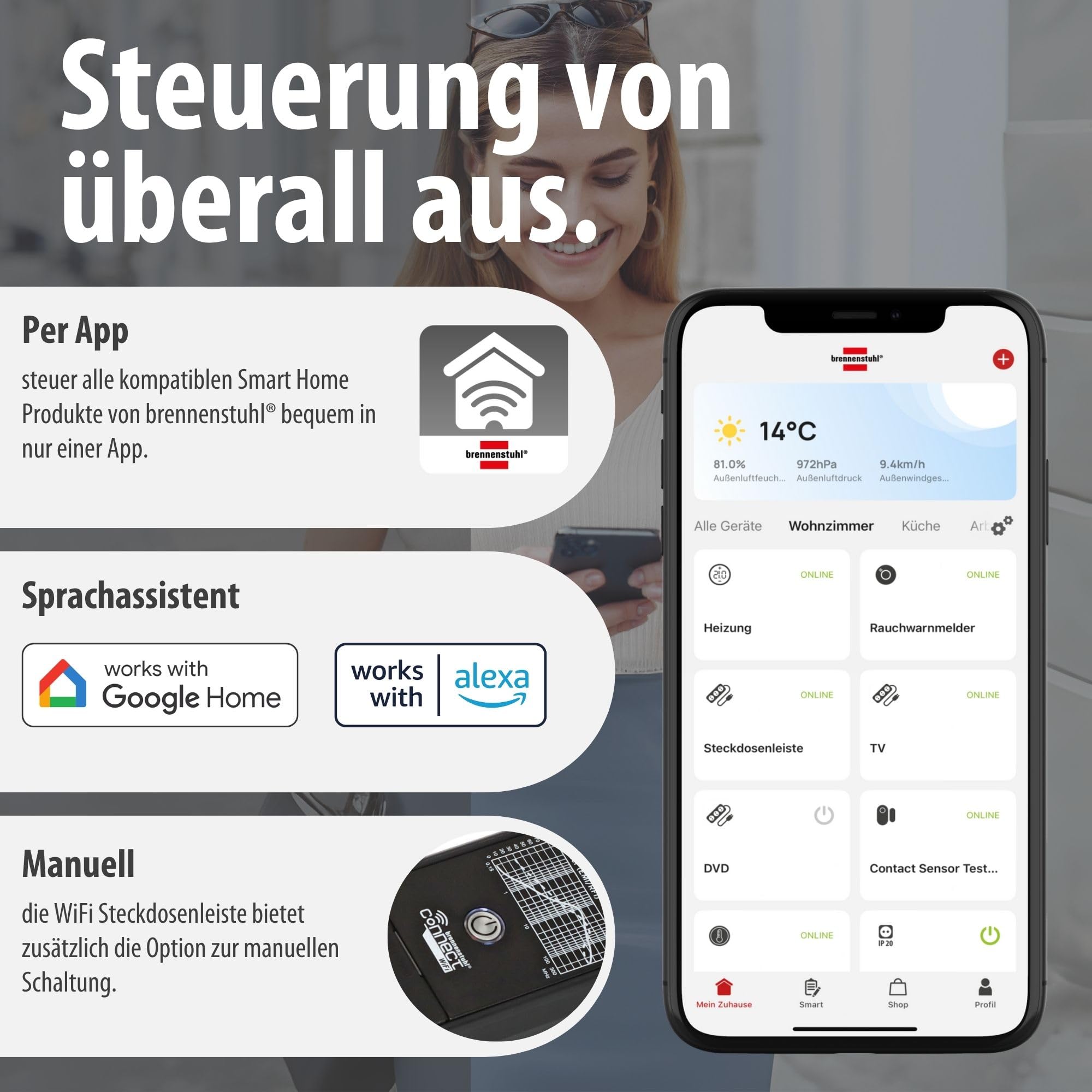 Brennenstuhl Connect Premium-Line WiFi Steckdosenleiste 6-Fach, 1,8m