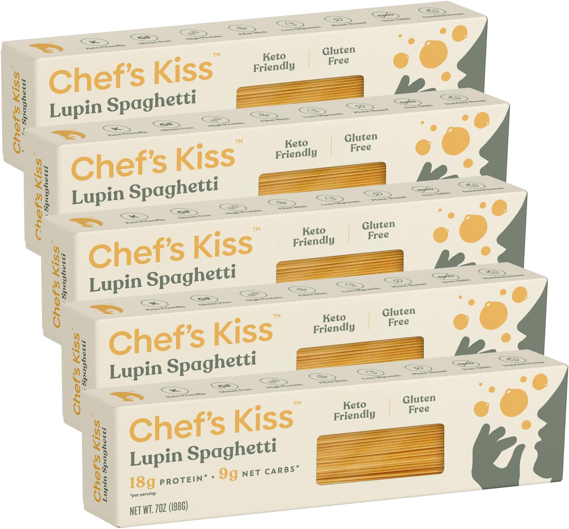 Chef’s Kiss Low Carb Spaghetti | 9g Net Carbs, 18g Protein | Keto, Low Glycemic Pasta made from Lupins | High Protein, Fiber Rich, Plant-Based | Keto Spaghetti Alternative | 5-Pack (7oz)