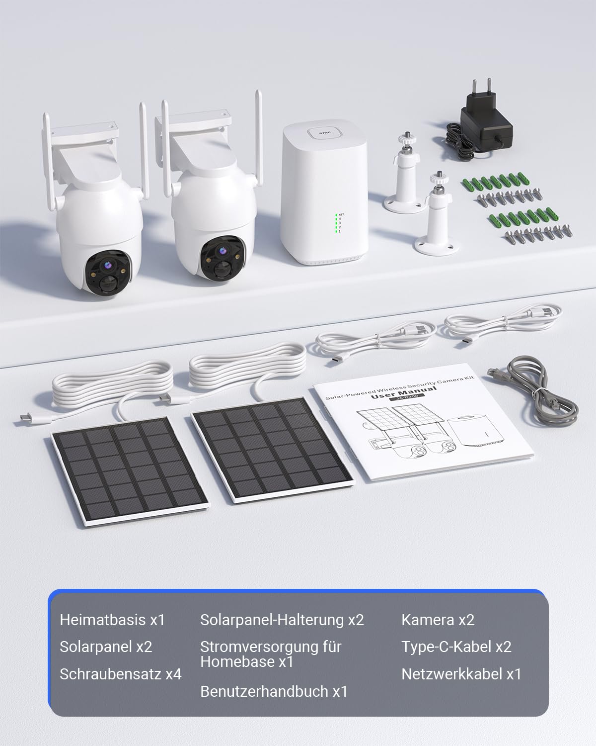 2K Überwachungskamera Aussen Akku Solar, 2-Cam-Set mit Basisstation | 360° PTZ Kabellos, 32G Lokaler Speicher, Keine Gebühren, KI-Erkennung, Farbe Nachtsicht 2 Wege Audio, 5G/2,4G WLAN, für Haus