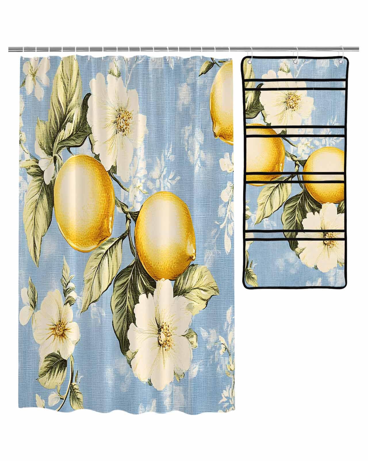 ZFUNCING Shower Curtain Mesh Shower Organizer Set Watercolor Lemon Flower Leaf Waterproof Bath Curtains Hanging Shower Caddy Bathroom