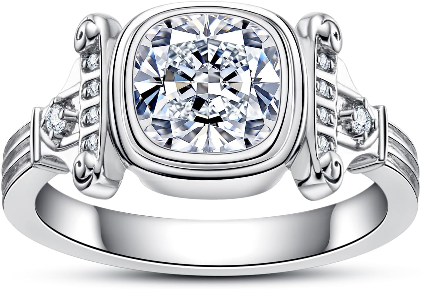 AnuClub Cushion/Princess Cut Moissanite Ring D Color VVS1 925 Sterling Silver Retro Roman Column Engagement Wedding Promise Anniversary Rings for Women Men with Certificate