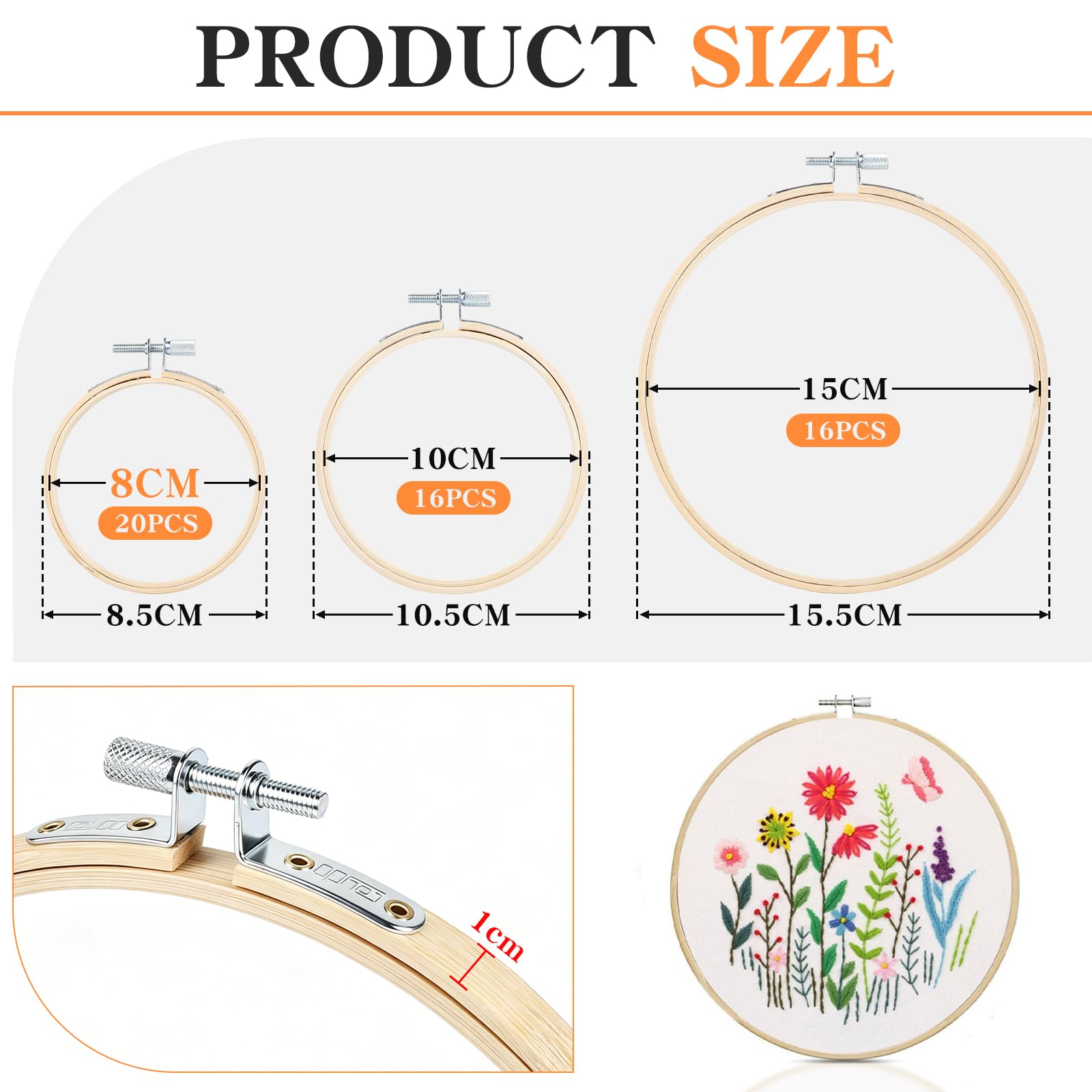 EFUTURETIME Set di 16 Telaio Ricamo in Bambù 15 cm, Telaio Tondo per Punto Croce, Cornice Circolare per Ricamo, Cerchio da Ricamo Regolabile per Fai-Da-Te, Decorazione, Cucito
