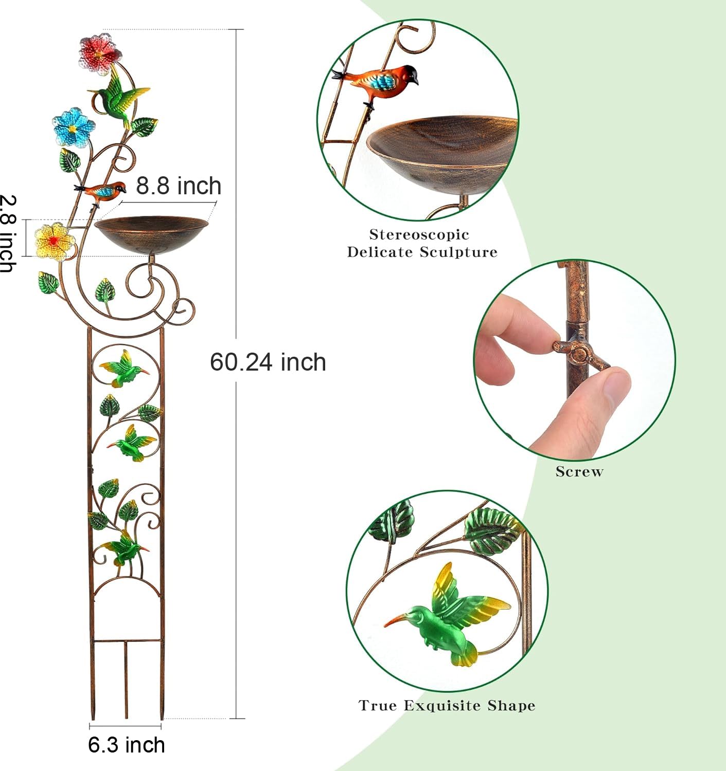 YADOOLIFE Kąpiel dla ptaków 145 cm z kratką ogrodową do roślin pnących na zewnątrz, mała dekoracyjna metalowa łaźnia dla ptaków, koliber (Hummingbird)