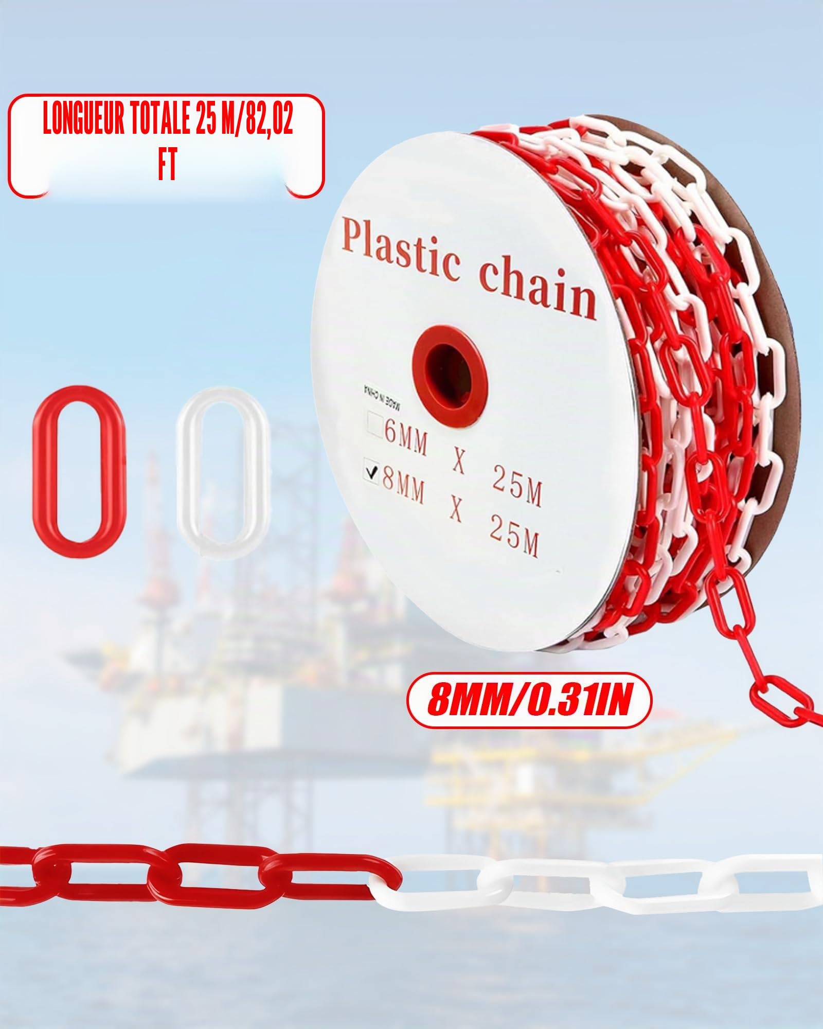 Chaîne de signalisation rouge et blanc en plastique : Generic 25 m x 8 mm Chaîne de signalisation en plastique pour barrières temporaires Résistant aux UV pour installations extérieures pour les