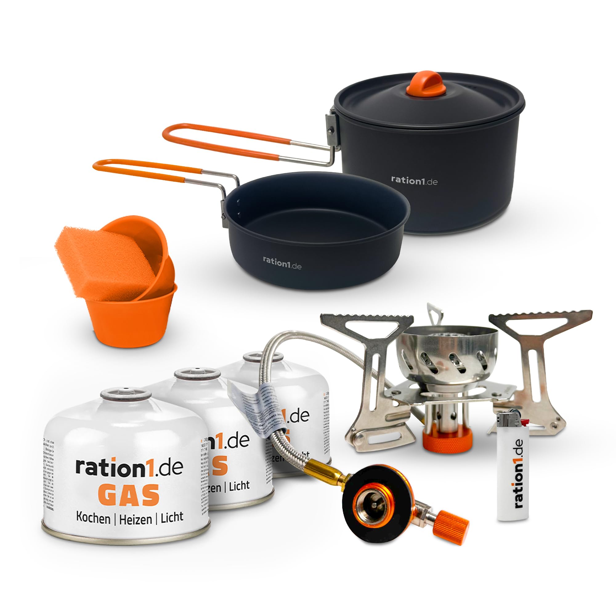 ration1 Camping Gaskocher Set - 7-teiliges Aluminium Topfset, 3 Gaskartuschen, Campingkocher, lebensmittelechte Töpfe & Schalen, Feuerzeug - Kompaktes Outdoor & Camping Kochset