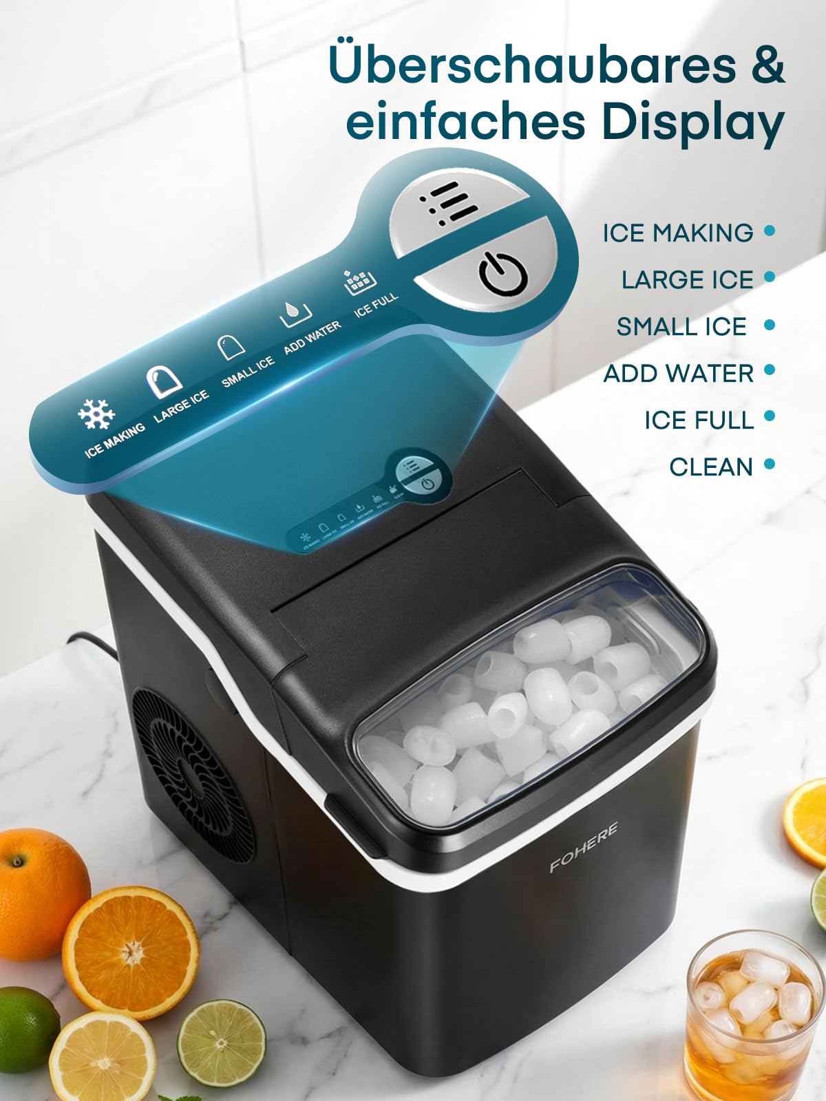 FOHERE Eiswürfelmaschine Klein, Eiswürfelbereiter mit Selbstreinigung, 9 Eiswürfel in 5 Min, 14kg/24H, Tragbarer Tisch-Ice Maker mit 2 Eiswürfelgrößen, Eisschaufel & Korb für Küche, Büro, Bar, Party
