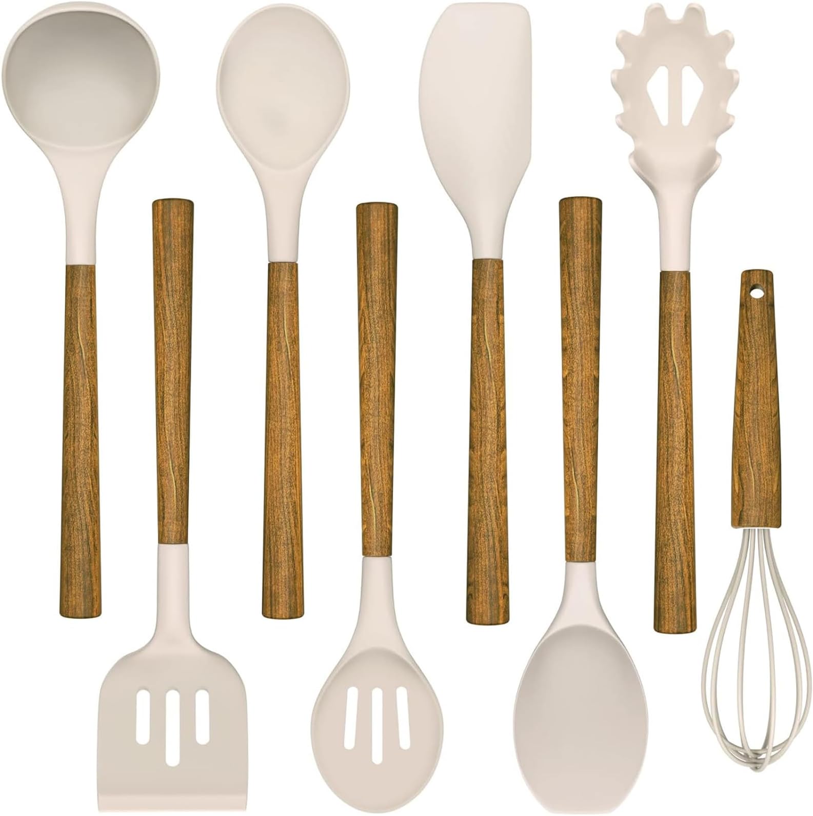 Umite Chef 8-Piece Silicone Cooking Utensil Set with Acacia Wooden Handles - Khaki (Khaki)