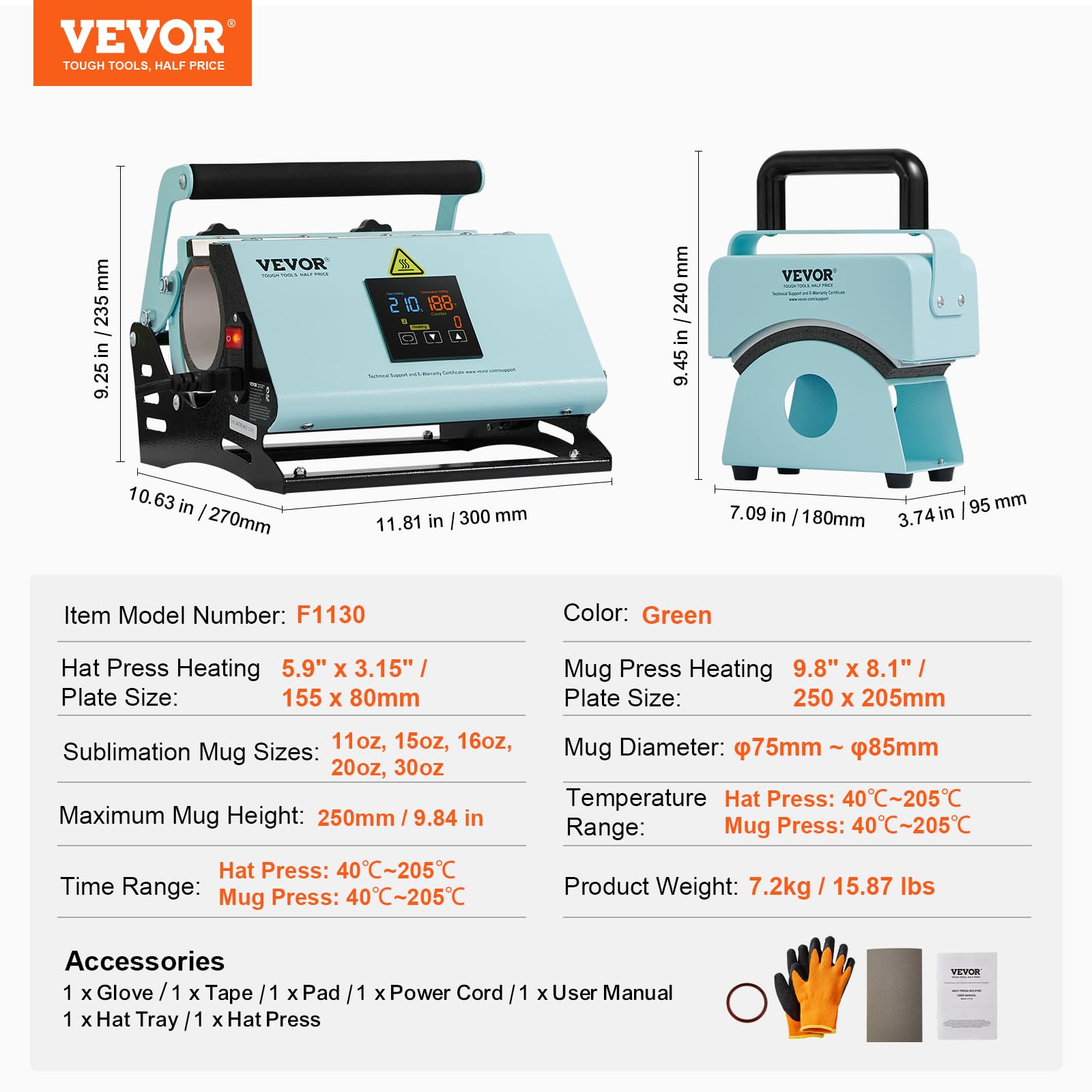VEVOR 2 en 1 Máquina de Prensado Térmico para Vasos y Gorras Mini Prensa Térmica para Sombreros Prensa Térmica para Vasos y Tazas de Sublimación de 11-30 oz, Control de Temperatura y Tiempo, Verde