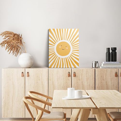 Miniatura 4 de XWELLDAN Lienzo decorativo de pared con diseño de dibujos animados lindo y sonriente y alegre para cuarto de bebé, acuarela, bohemio, neutro, sol,