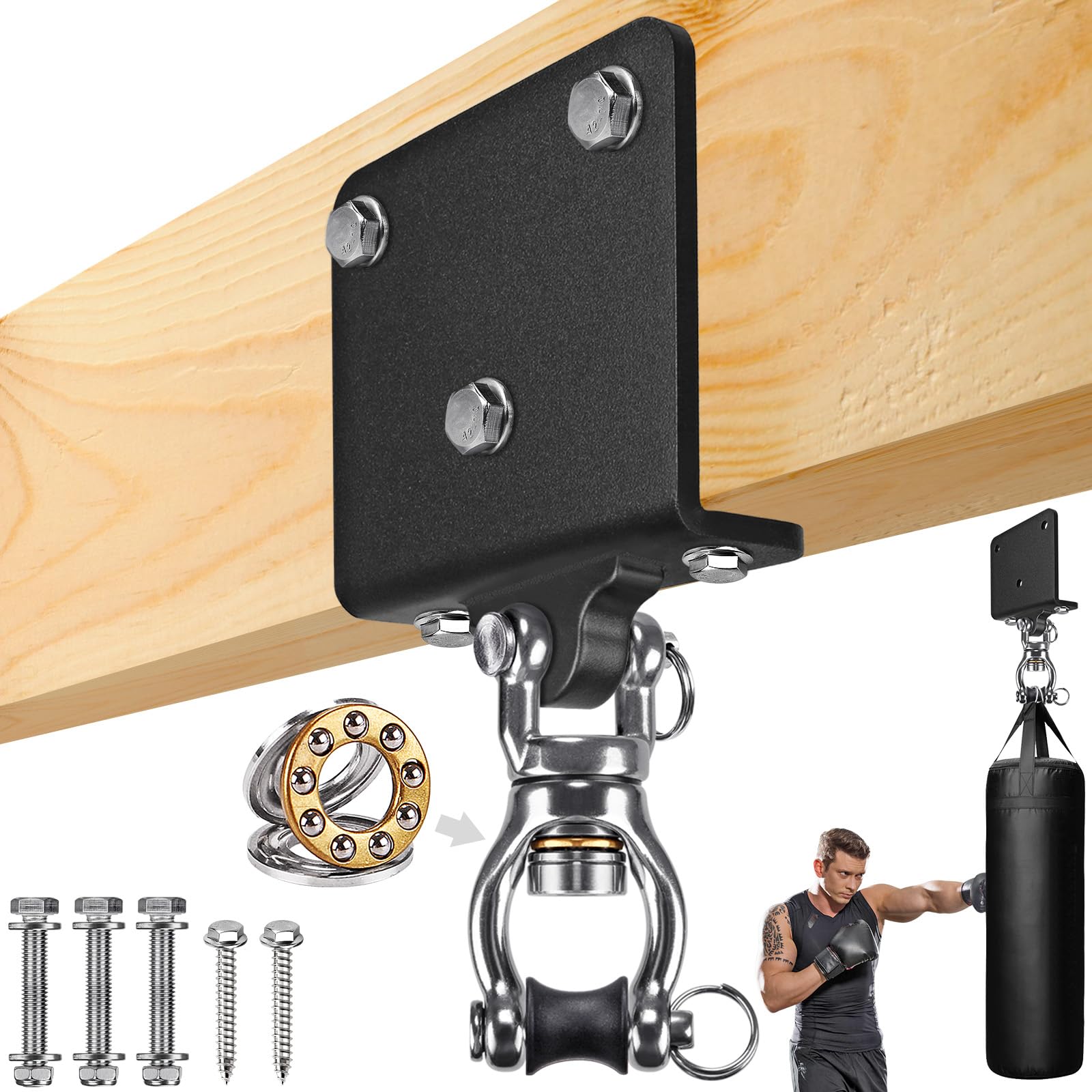 SELEWARE Wood Beam Punching Bag Hanger Heavy Duty Boxing Bag Hanger with Bearings Swivel, 360° Rotation Heavy Bag Hanger Wall Ceiling Mount Wood Beam Hook for Boxing Muay Thai Training — image 1