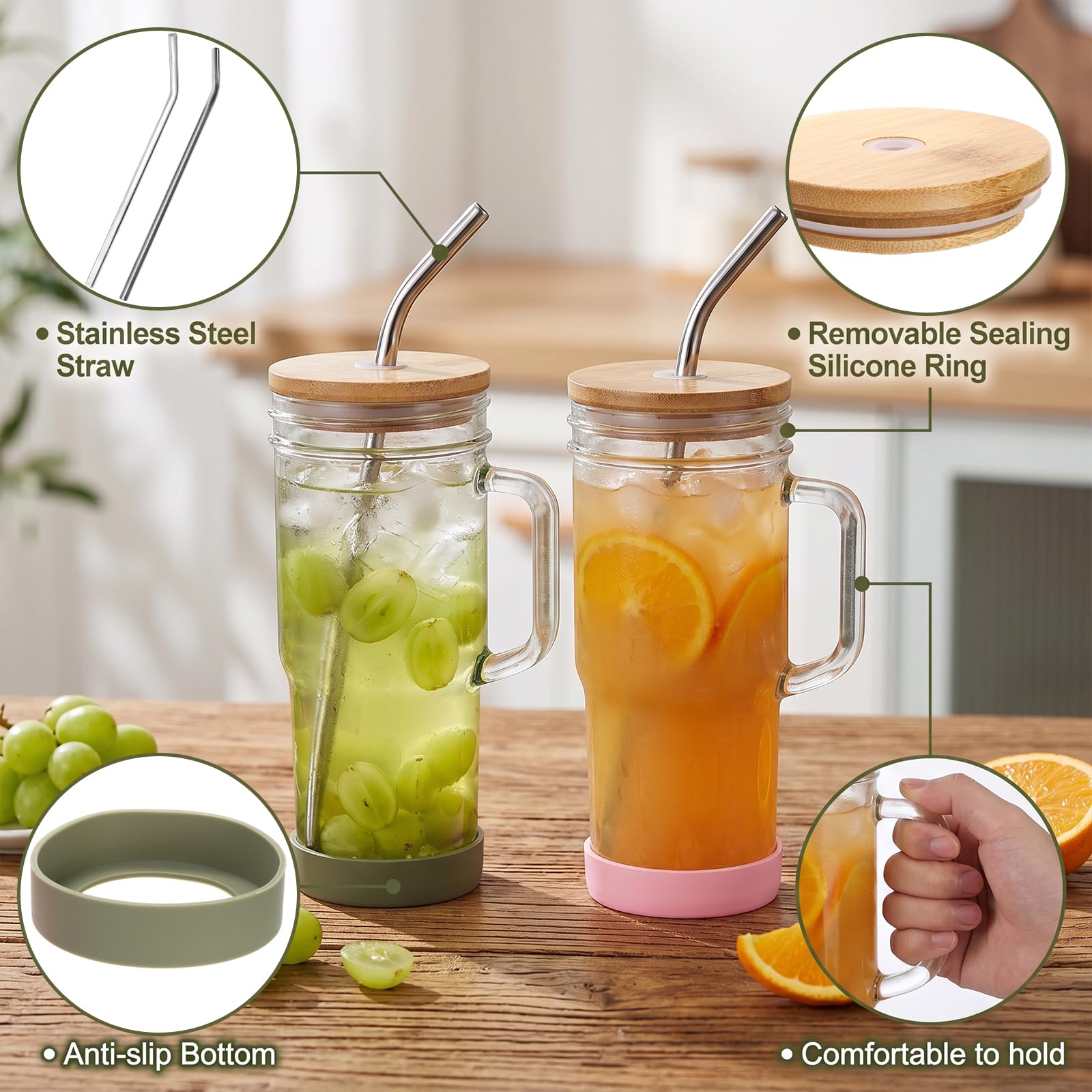 Yesland Glasbecher mit Griff, 680 ml, Einmachglas mit Bambusdeckel und Strohhalmen, wiederverwendbare Kaffeetassen, Trinkgläser für Eiskaffee, Smoothies, Bier, Saft und Bubble Tee, Geschenk, 4 Stück