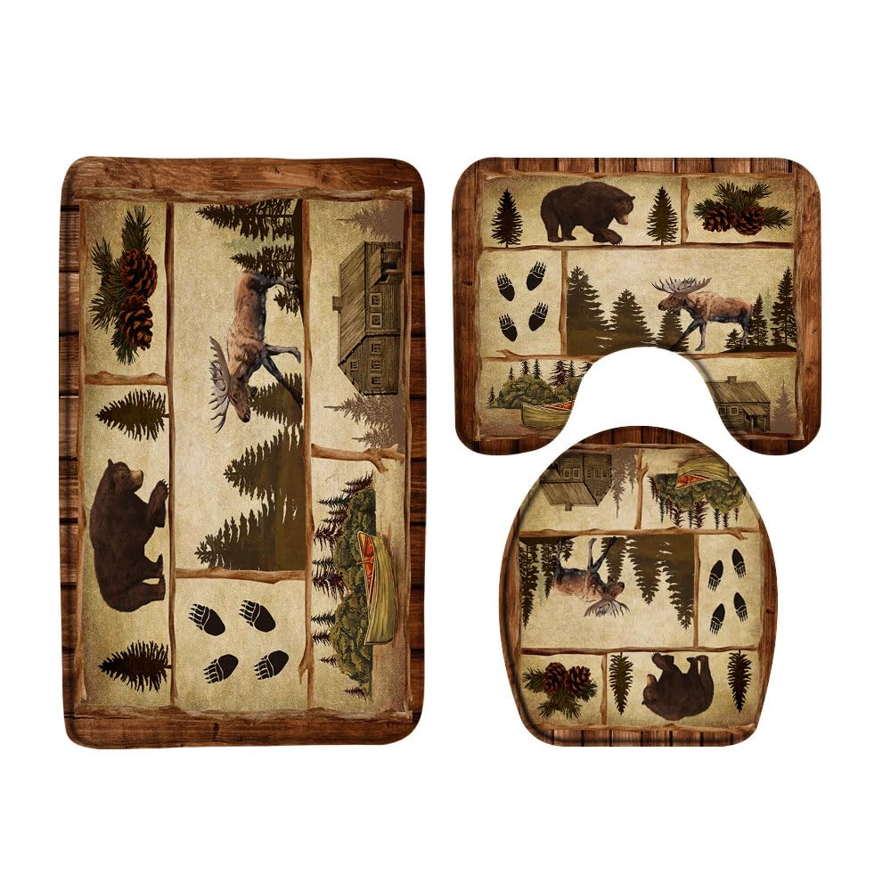 PZMPZM 3 Piece Bathroom Rugs Set Rustic Cabin Bear Moose Bath Mat Farmhouse Lodge Country Hunting Wild Animal Deer Elk Vintage Fall Forest Camping