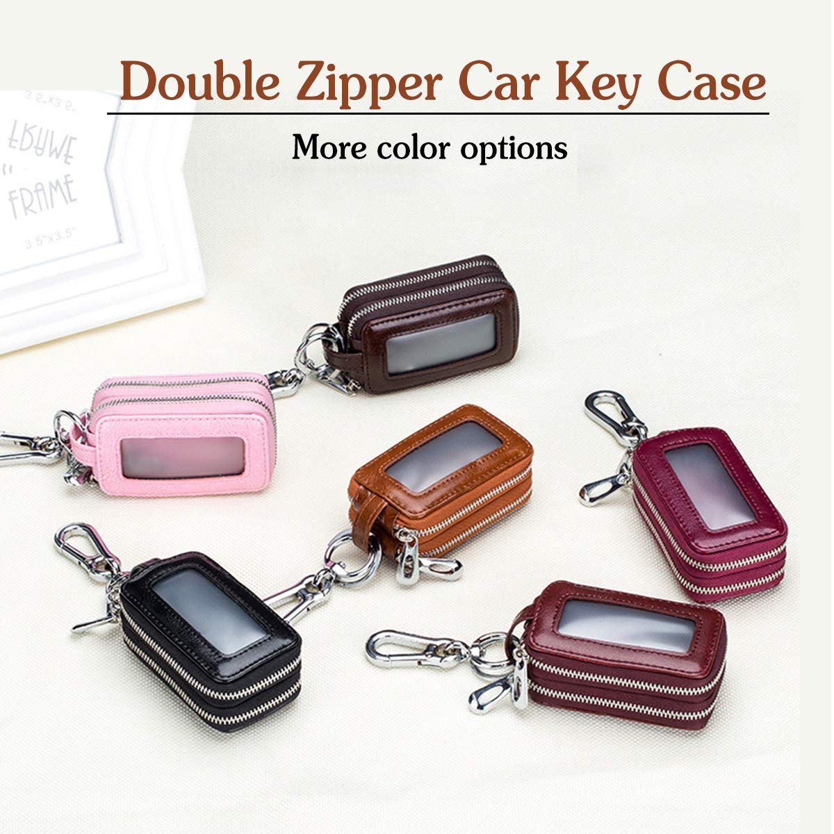Etuis Porte Clés Véritable Cuir Voiture Clé Cas Portable Porte-Monnaie Car Key Case Rétro étanche Double Pochette Zippée Hommes Femme, Rose, L, Rose, L