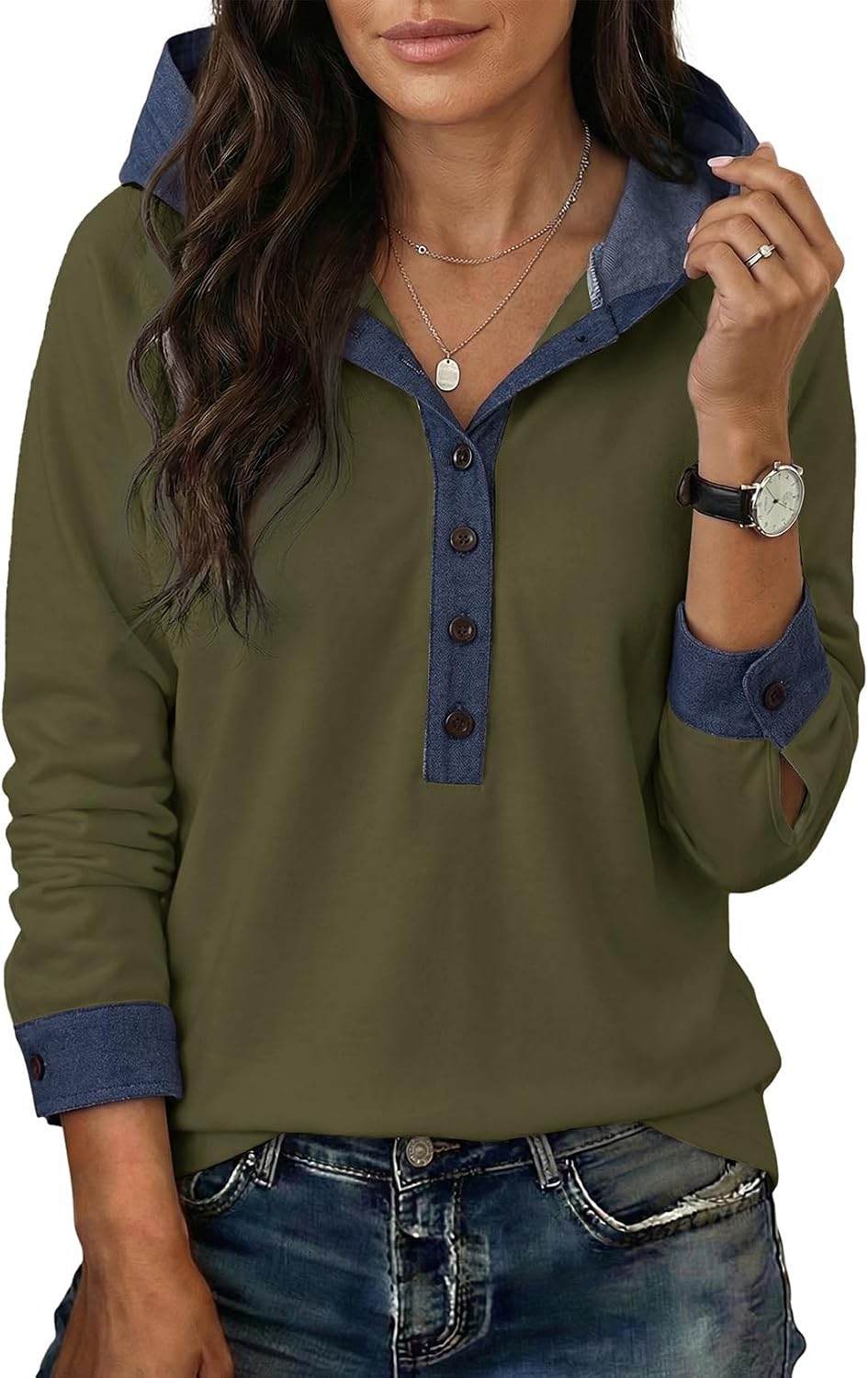 Dokotoo Women's Casual Hoodies 2026 Denim Colorblock Hooded Sweatshirt | Long Sleeve, Loose Fit, Pullover Tops, Tunic Shirts, Business Casual, Fashion Clothes Outfits, Fall Winter