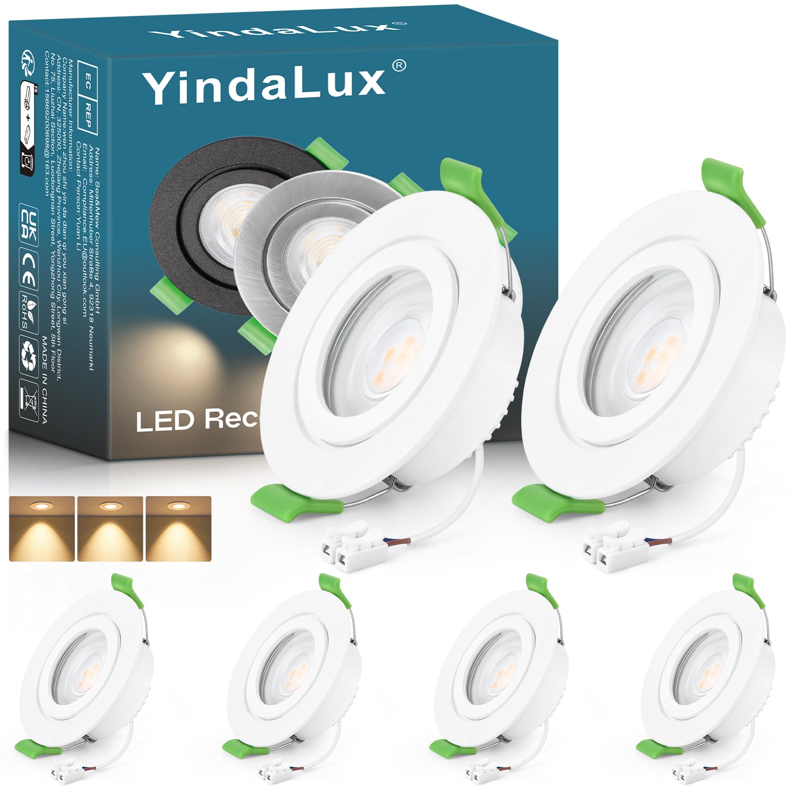 YindaLux 6x LED Einbaustrahler IP65 230V 5W Weiß 2700K Lochmaß 60-75mm | feststehend, 550lm, nicht dimmbar, flach, GU10 Einbaurahmen, abnehmbare LED Modul, für Bad und geschützte Außenbereiche