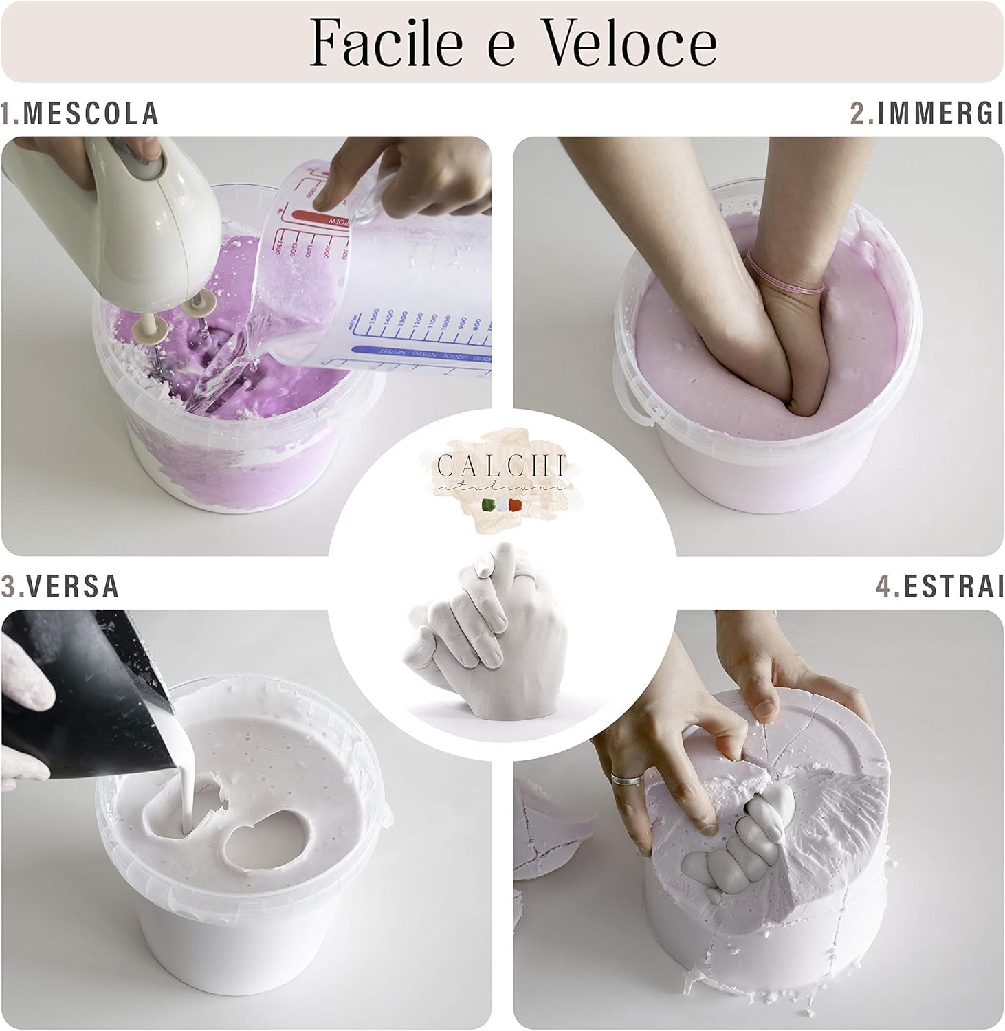Kit Calco Mani Coppia e Famiglia 3D Premium – Stampi in Gesso e Alginato Made in Italy – Set Completo per 2 Persone – Regalo Originale Festa della Mamma, Anniversario, Matrimonio e Nascita