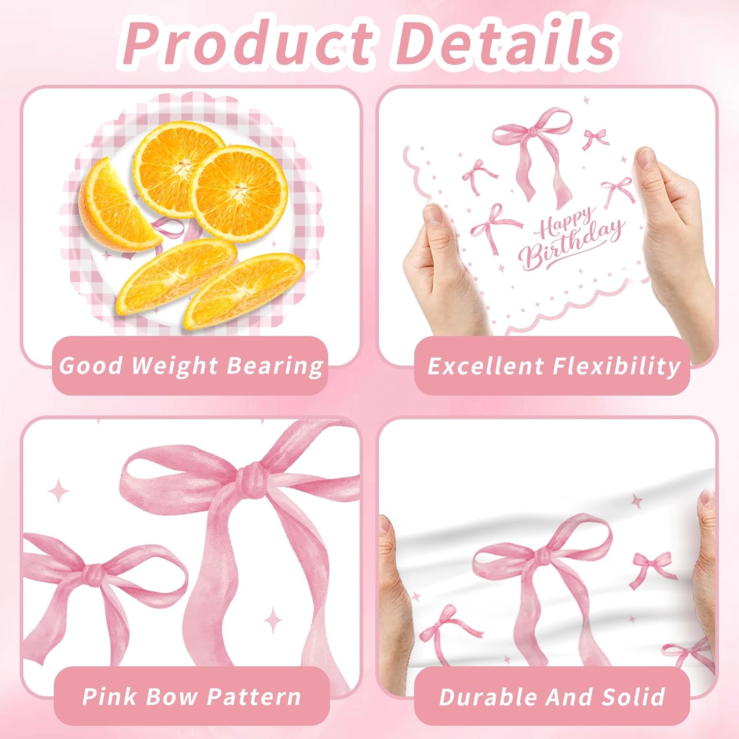 Pink Bow Plates and Napkins Girls Birthday Party Decor, Coquette Birthday Party Bow Paper Plates Including Paper Plate and Napkins Cups Tablecloth for Girl, Serve 24 - Image 4