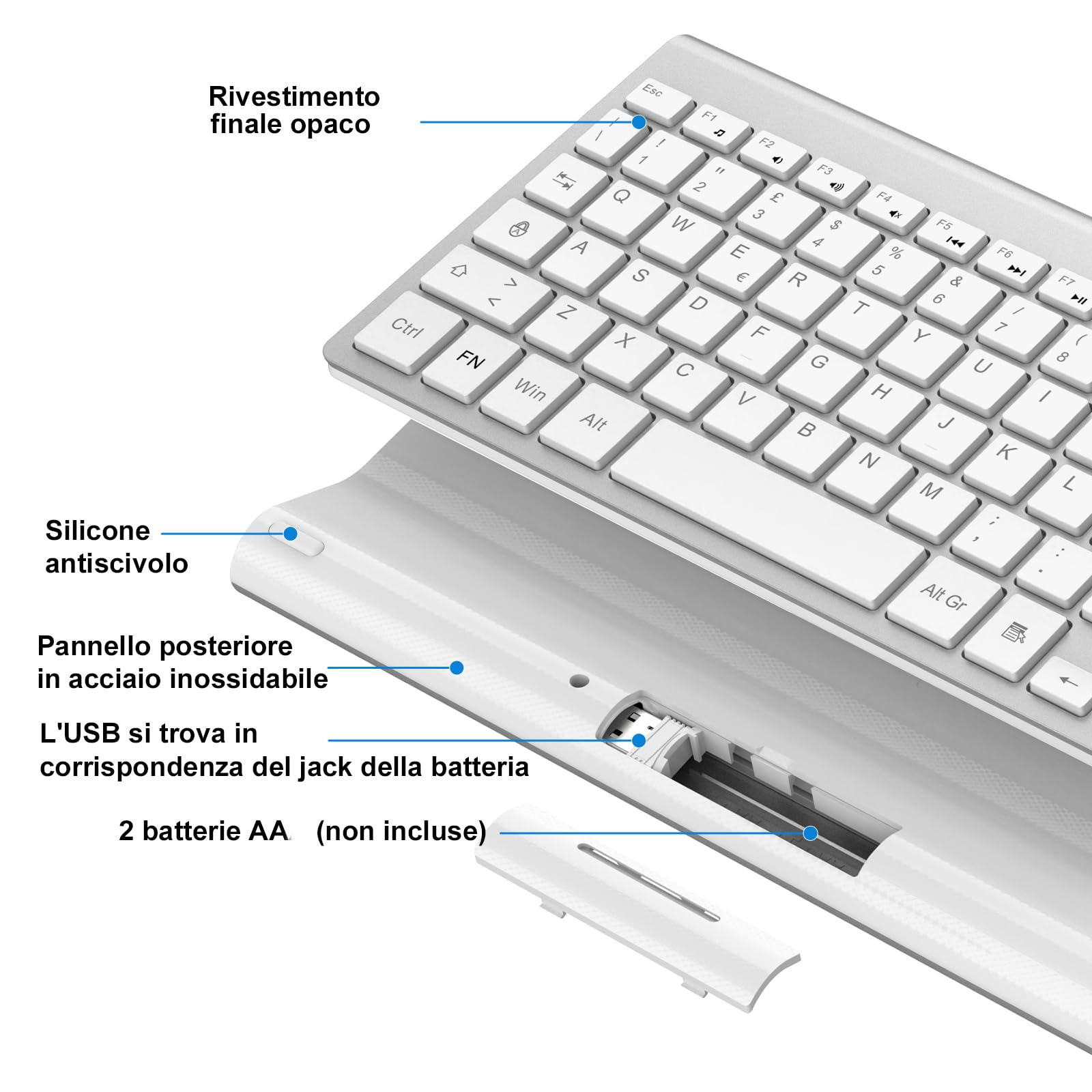 cimetech Tastiera wireless, Layout Italiano QWERTY, 2.4G tastiera USB per computer con tastierino numerico e tasti ergonomici per computer, PC, laptop, tablet, desktop, Android Smart TV (argento)