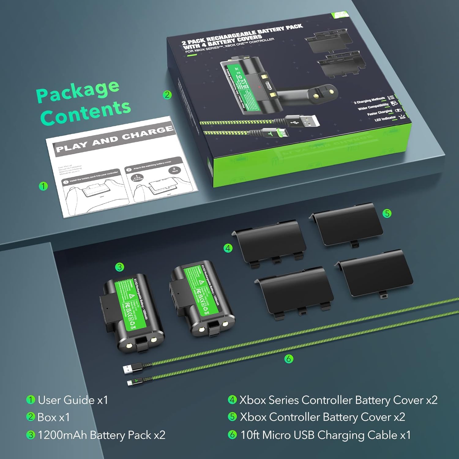 2 Pack Rechargeable Battery Pack for Xbox Controller, Play and Charge Kit with 10FT Fast Charging Micro USB Cable for Xbox One Series S/X/Elite