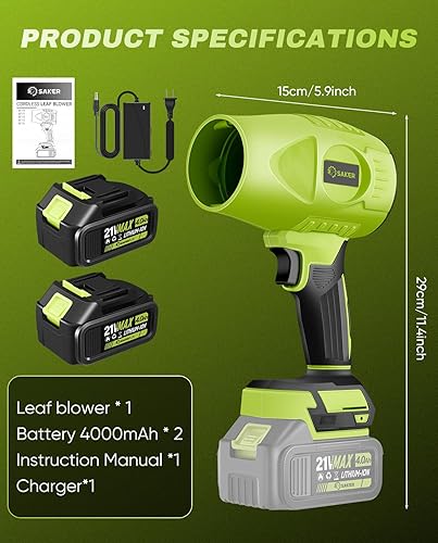 Miniatura 8 de Saker Soplador de hojas inalámbrico, limpiador de polvo portátil, sopladores de mano, 2 baterías de 4.0 Ah, 180.000 rpm, plumero de aire con
