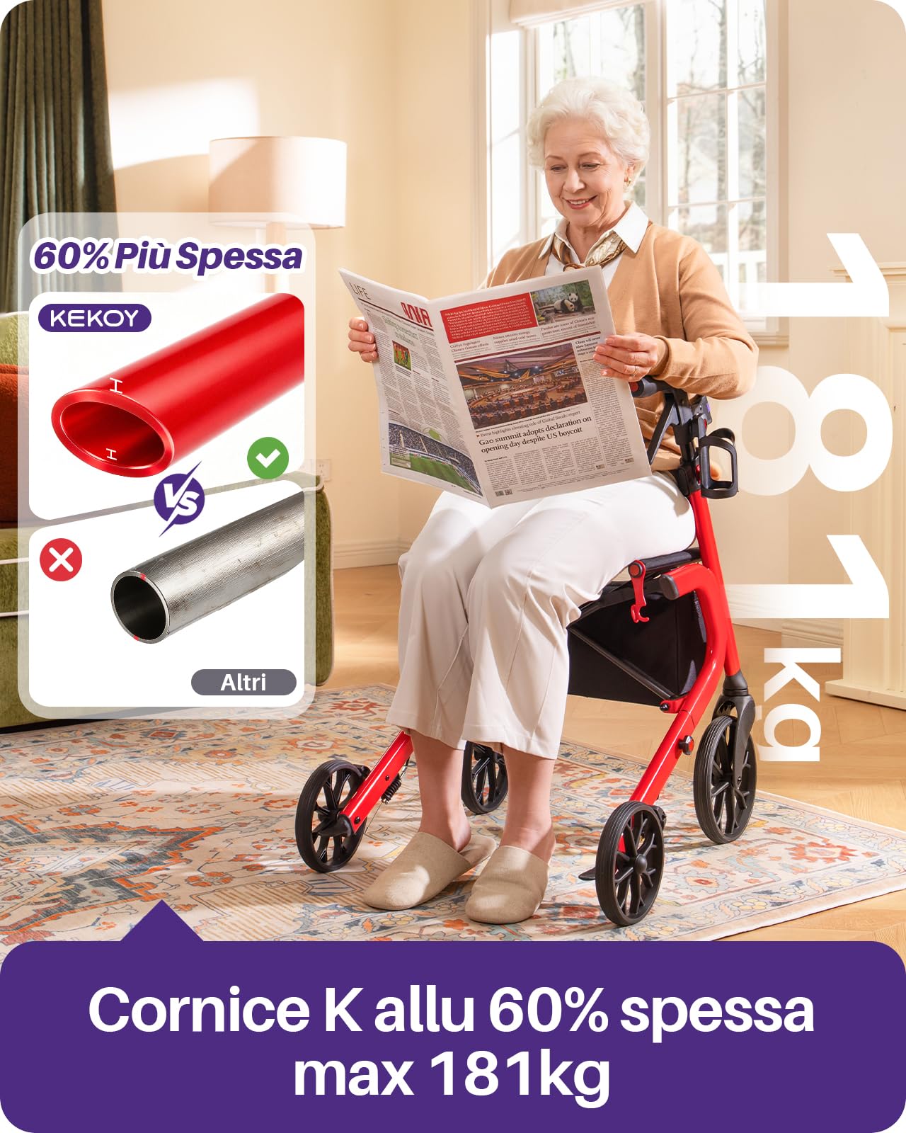 Kekoy Deambulatore per Anziani 4 Ruote con Seduta, Pieghevole, 181 kg Portata, Sedile 44 cm Largo, Ruote 25 cm Per Tutti I Terreni, Altezza Regolabile, Freni con Cavi Nascosti, Portaoggetti, Rosso