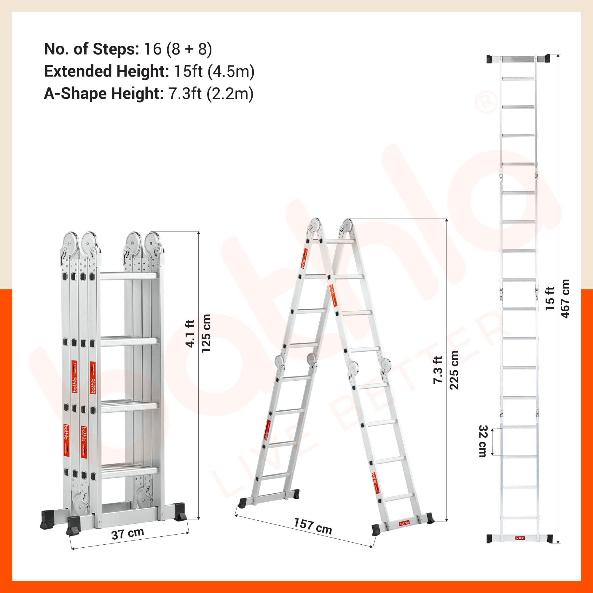Bathla X-Tend 15 Ft Aluminium Multipurpose Foldable Step Ladder | Portable & Compact Folding Design | 150 Kg Load Capacity | 2-Year Warranty | for Home & Industrial Use | (4.5 m 16 Step) — Amazon image 8