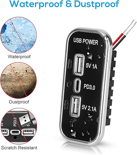 Miniatura 4 de 3 puertos de salida USB de 12 V, puerto USB A dual 3.1A, puerto tipo C PD QC 3.0 carga súper rápida compatible con teléfono 14 13 12, S22 S21 S20,