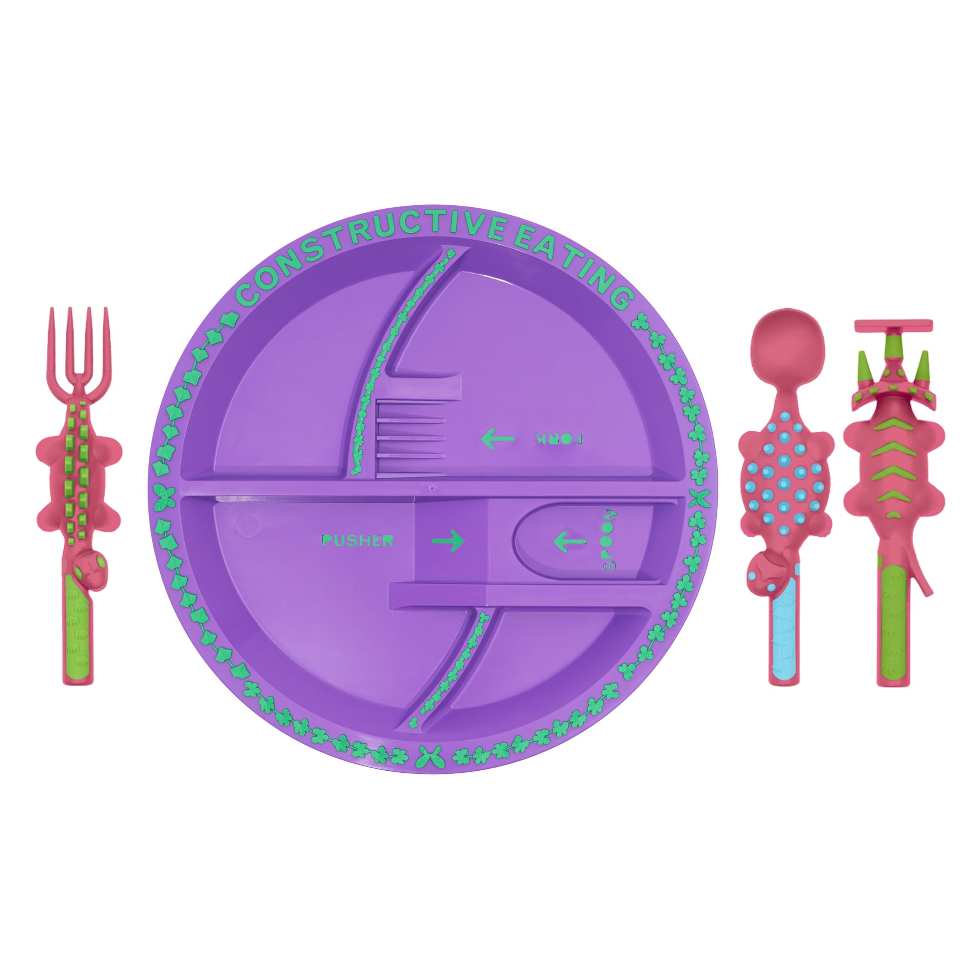 Constructive Eating Plate and Utensils Set - USA-Made Toddler Dinnerware with Divided Plates (Pink Dinosaur)
