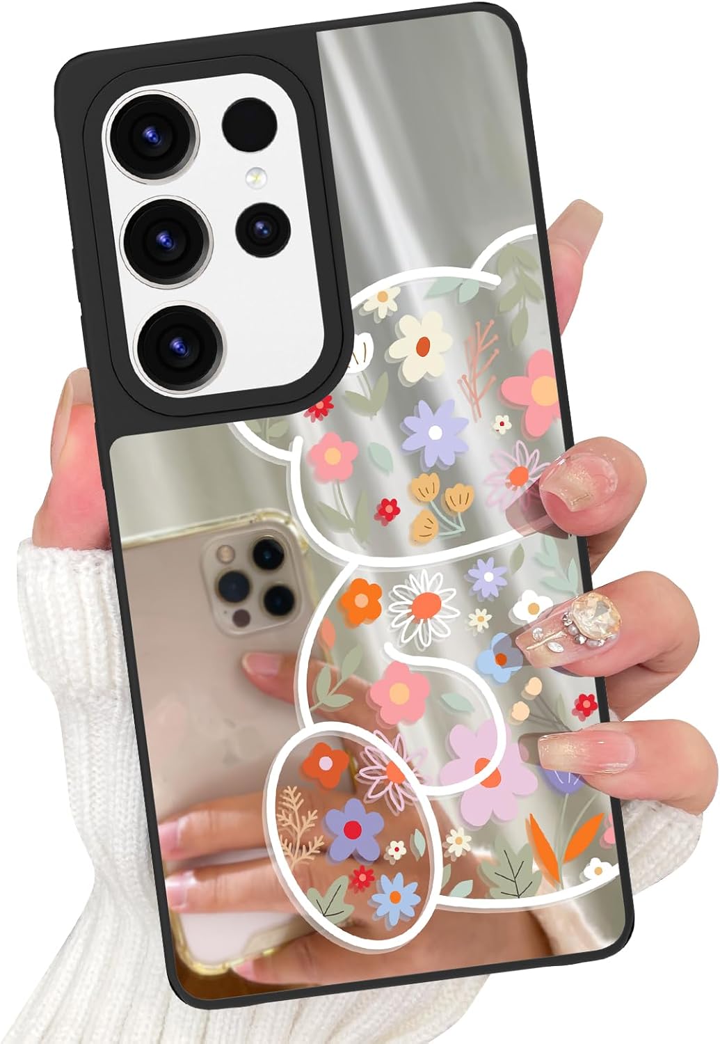 Mirror Case for Samsung Galaxy S25 Ultra, Cute Flowers Floral Bear Print Aesthetic Phone Case for Girls Women, Glossy Mirror Back Shockproof Protective Cover for Galaxy S25 Ultra (Floral Bear)