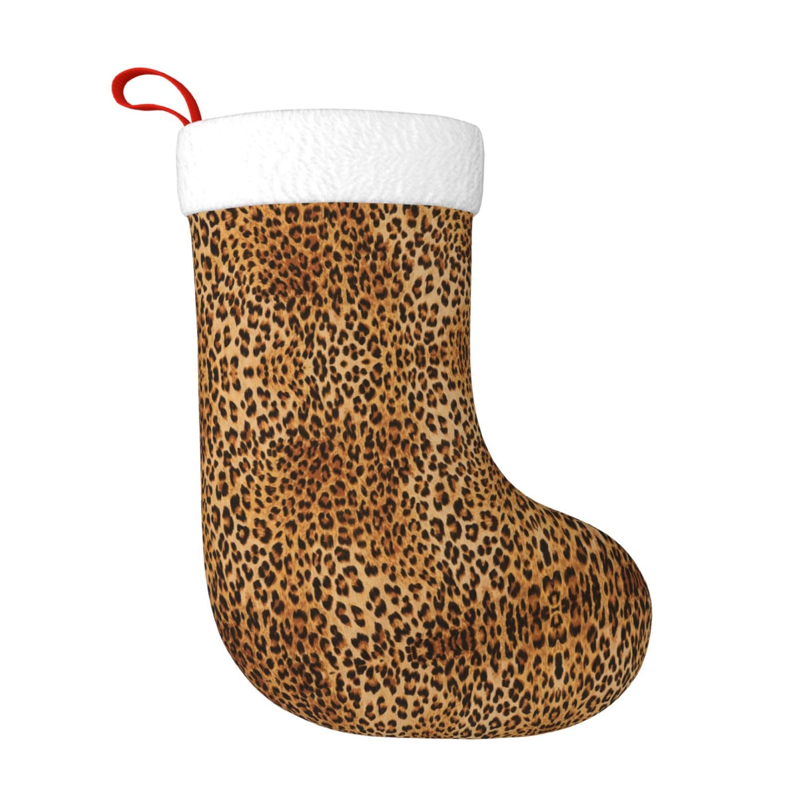 Hahafu Black Leopard Print Christmas Stocking, Personalised Large Print Fluffy Hanging Socks For Christmas Decorations