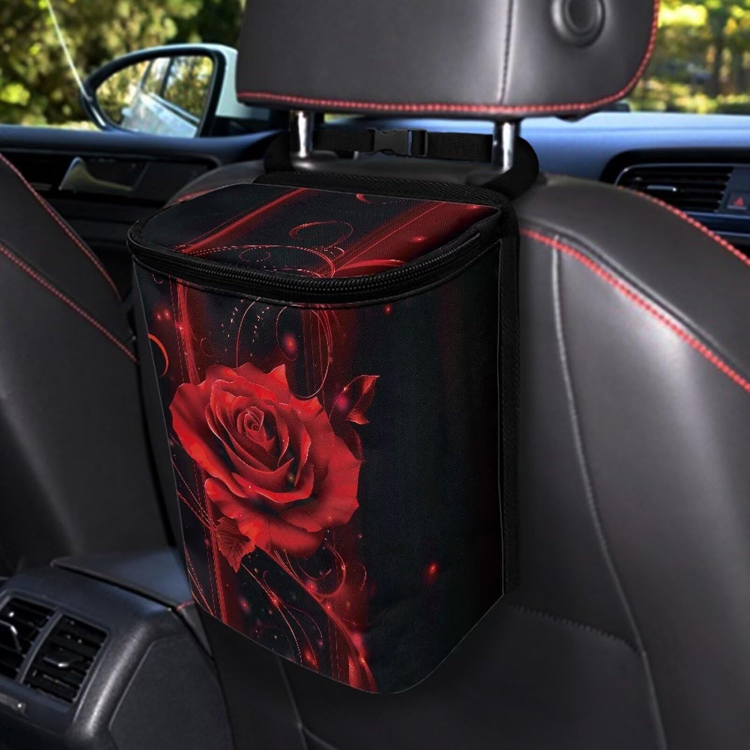 Red Rose Car Trash Can Auto Garbage Bag with Lid Leak-Proof Car Storage Bag Garbage Bag Hanging for Headrest Portable Vehicle Backseat Organizer