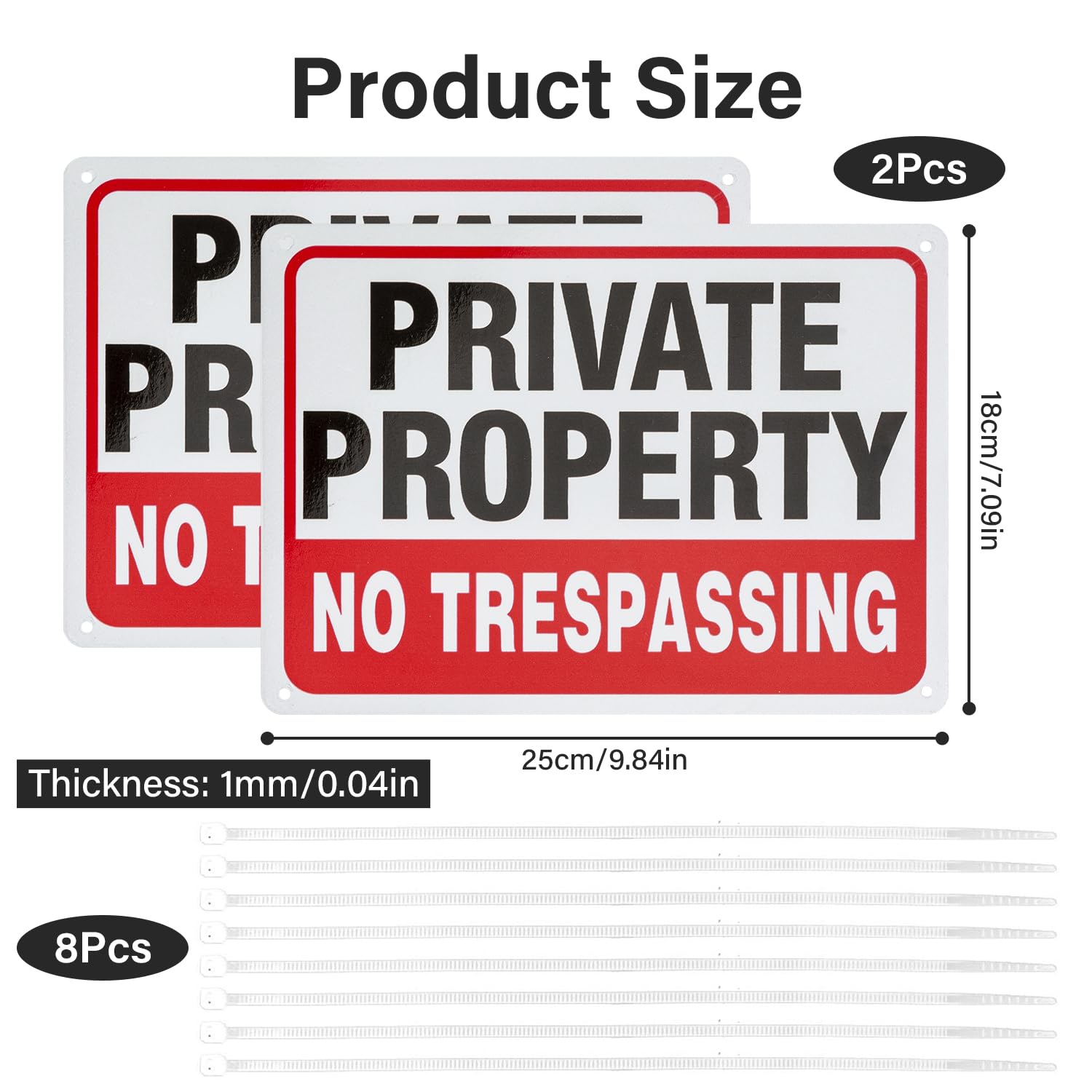 2 Pack Private Property No Trespassing Signs Metal 10"x 7" Private Property Signs Outdoor No Trespassing Reflective Private Property Sign with 8 Zip Ties Rust Free Weatherproof Indoor and Outdoor Use - Image 2