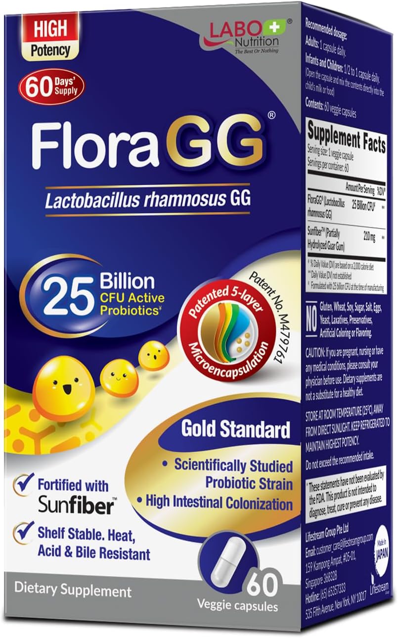 LABO Nutrition FloraGG, Lactobacillus Rhamnosus GG 25 Billion CFU Active Probiotics and Sunfiber Prebiotic Fiber Supplement, Support Healthy Intestinal, Immune Health| Non-GMO & Gluten Free – 60s