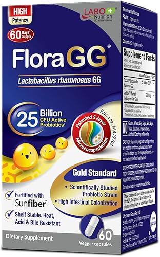 LABO Nutrition FloraGG, Lactobacillus Rhamnosus GG 25 mil millones de UFC probióticos activos y suplemento de fibra prebiótica de fibra solar, apoyo
