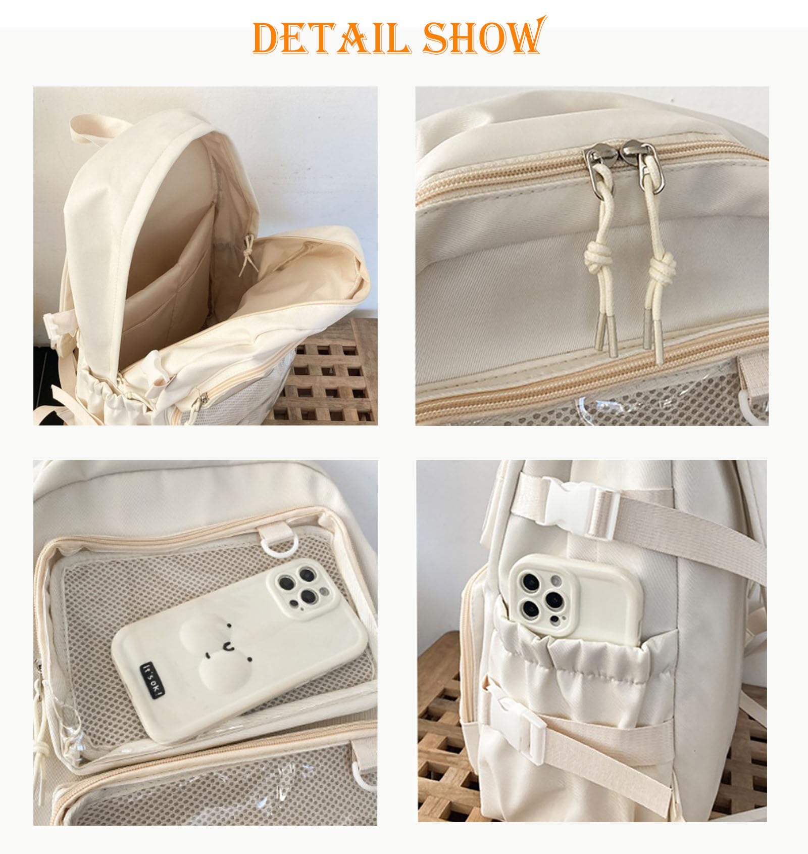 Ita Bag con finestre trasparenti per donne e adolescenti, zaino Kawaii JK Pin Display Zaino carino estetico grande zaino per la scuola casual zaino resistente Bookbag Anime Cosplay Regali