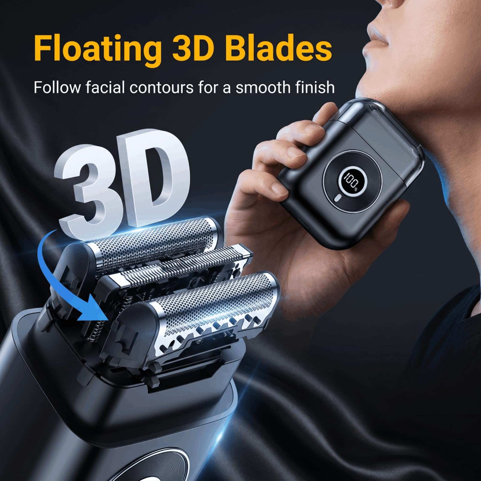 Mini Rasoio Elettrico Uomo, 3 Lame Flottanti 3D Lamina 0.03mm, 89000 Tagli/min, AI Rilevamento Intelligente, 90 Min Autonomia, Display LED, Portatile Auto Ufficio Viaggio