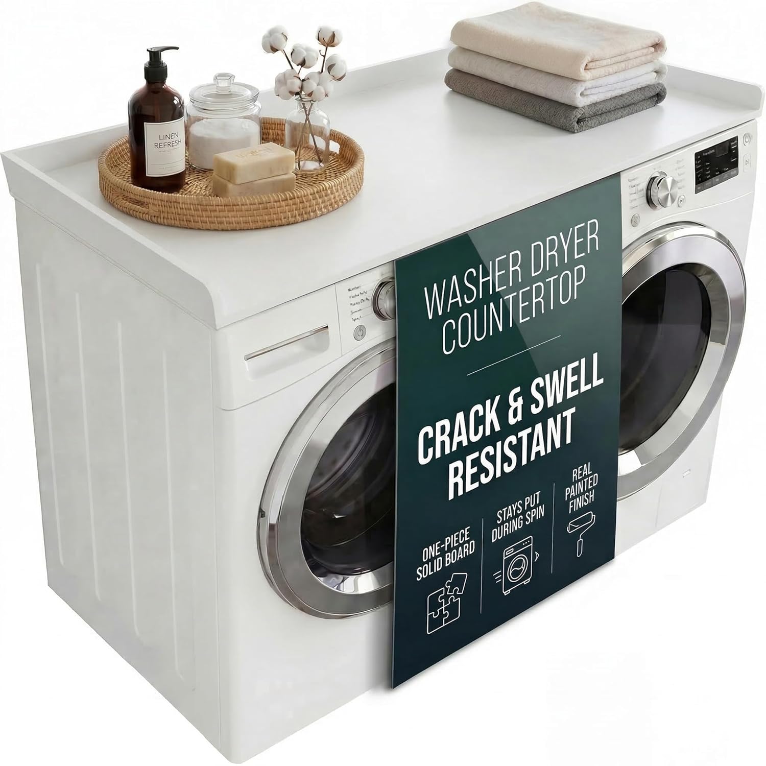 NORTH BLOOM Premium Washer Dryer Countertop 54" W x 27.5" D x 3.1" H, One Piece Solid Board Laundry Room Topper with Edge Rails, Washing Machine Top, Painted Finish, Anti-Slip Feet (Black Color)