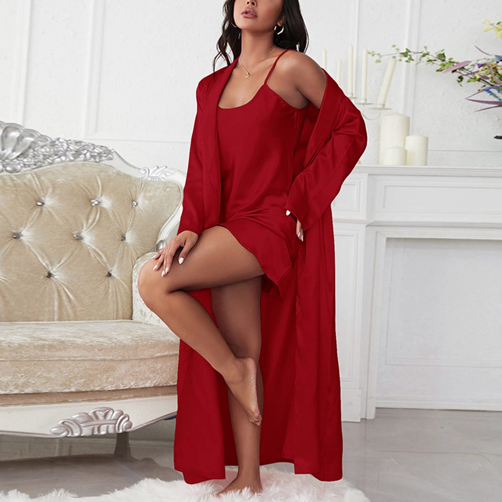 Damen-Bademantel aus Satin, leuchtend roter Seidenmantel für Damen, luxuriöser langer Satin-Bademantel, elegante rote Kimono-Nachtwäsche, weiche Seide, Lounge-Robe mit Gürtel, stilvolle