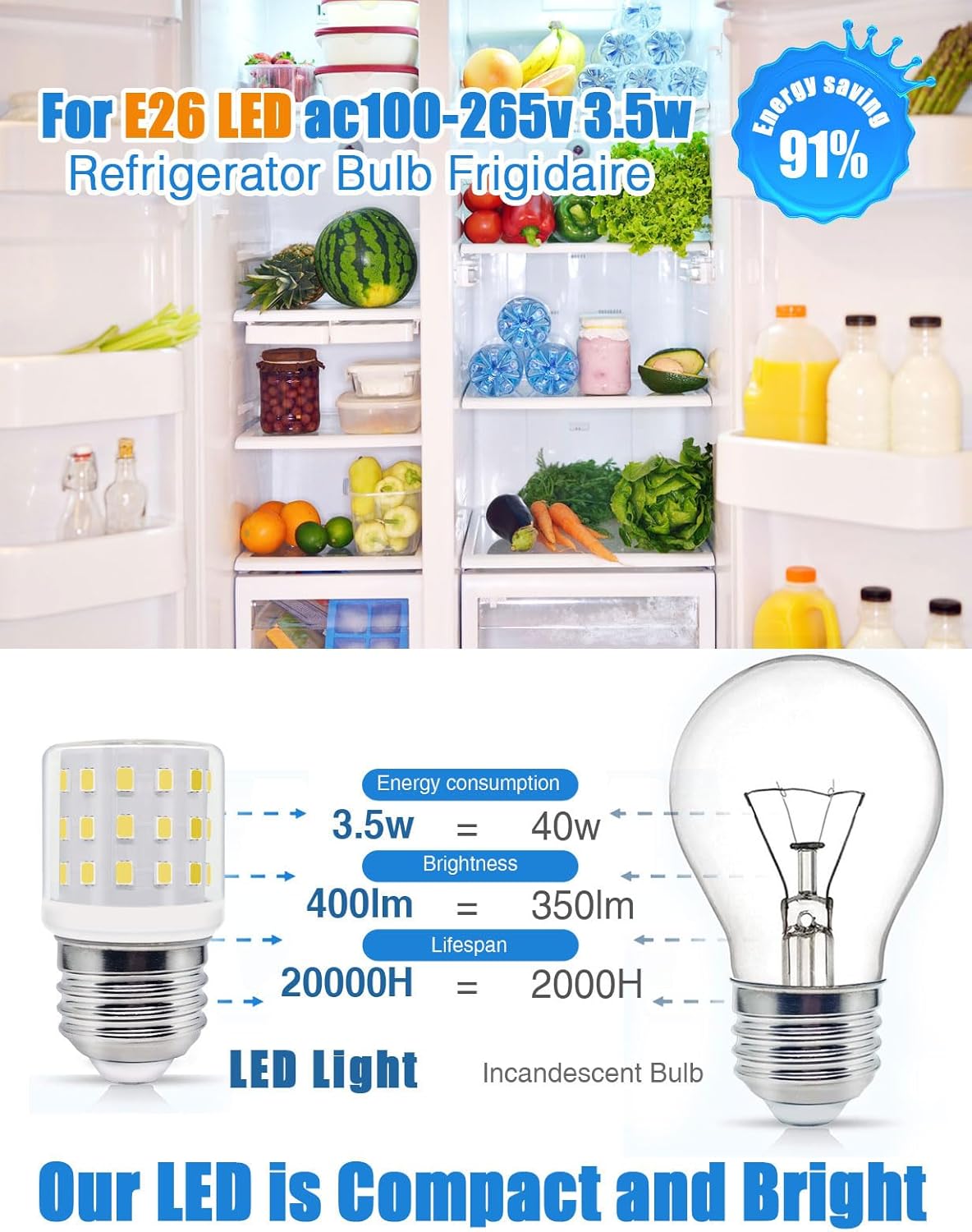 KEI D34L AC 100-265V 3.5W Light Bulb for Frigidaire Refrigerator, 40W Freezer Lighting Halogen Equivalent, E26 LED Refrigerator Light Bulb White Light,1-Pack