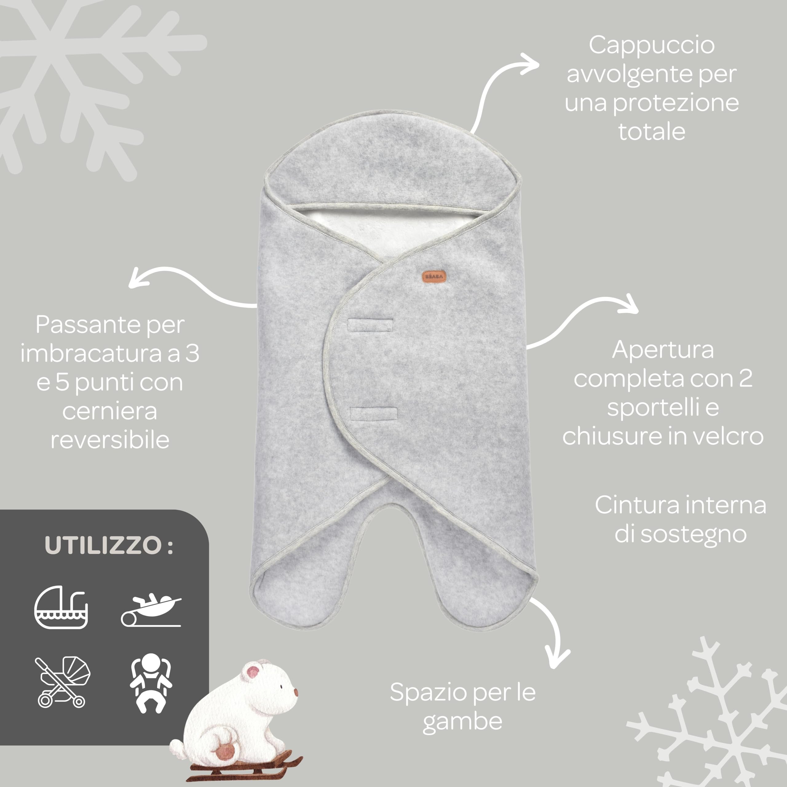 BÉABA, Babynomade Doppio Pile Polare, Coperta Invernale per Neonati, Compatibile con Seggiolino Auto/Pram/Sat, Morbida, Calda, Idrorepellente, Traspirante, Passaggio Imbracatura,Grigio/Bianco,0-6 Mesi