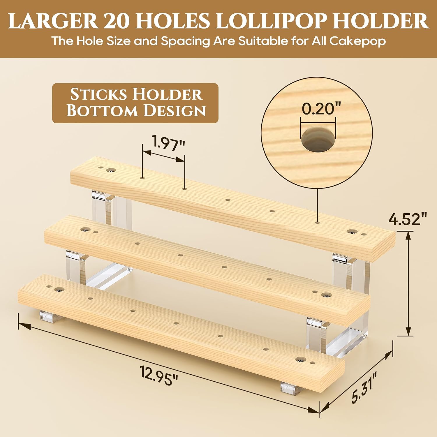 Cake Pop Stand Display Riser - 3 Tier Wood Lollipop Holder, 20 Holes Acrylic Pine Wood Candy Pop Holder Display for Dessert Table Weddings Birthday Parties Halloween Candy Decorative