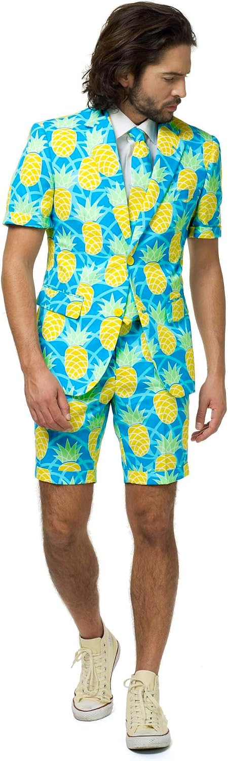 Opposuits Men's Summer Suit - Hawaiian Pineapple Outfit - Slim Fit - Includes Short Sleeved Blazer - Shorts - and Tie