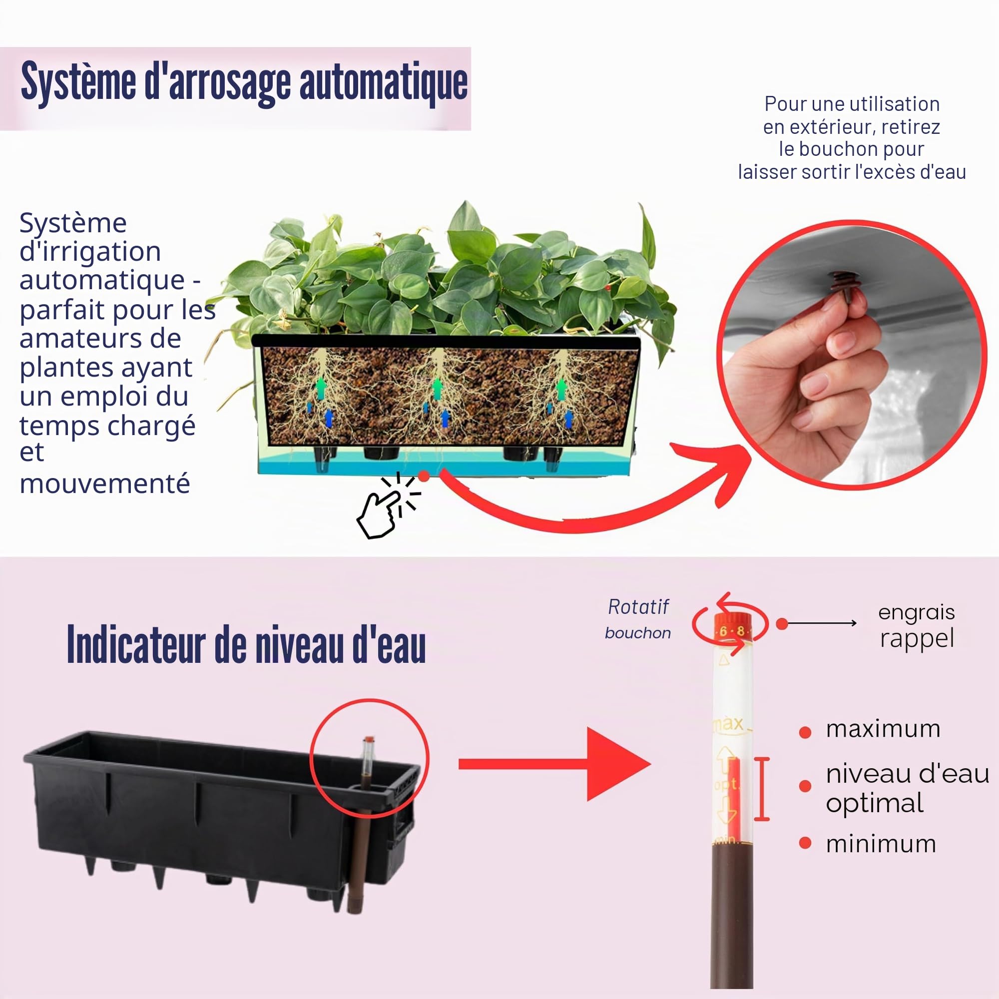 LaLaGreen Lot de 2 grands pots de fleurs rectangulaires pour balcon à arrosage automatique avec supports, clôture en plastique avec motif rotin, 50,8 cm, noir