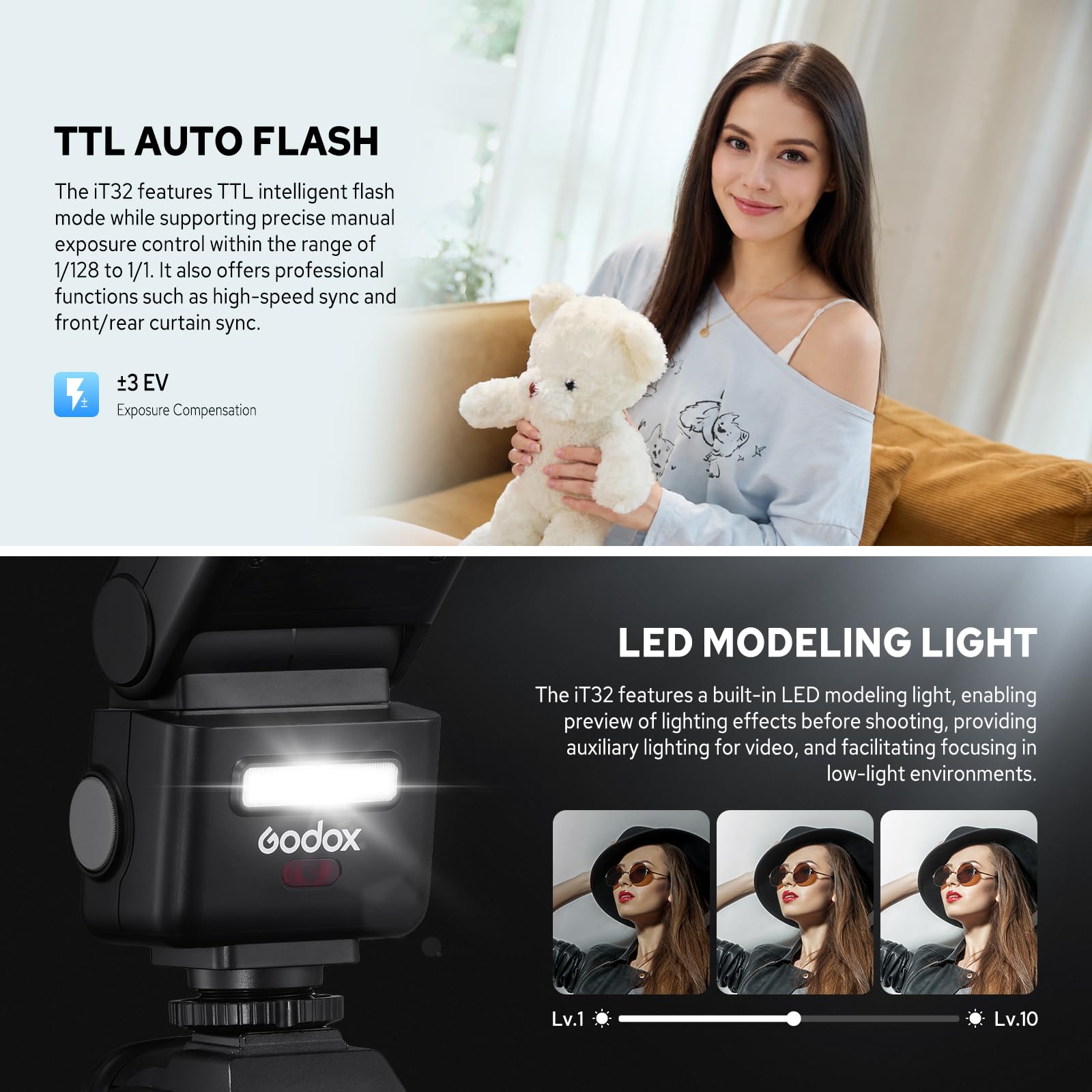 Godox IT32 TTL Kamerablitz mit X5S-Blitzauslöser für Sony-Kameras, magnetischer Blitzschuh und Auslöser, 2-in-1, bunter Touchscreen, drehbarer Blitzkopf, X-System TTL und HSS, LED-Modellierlampe