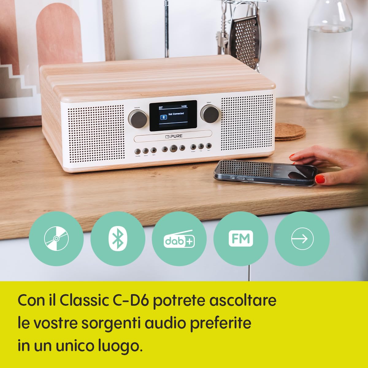 Pure Classic C-D6 Sistema Musicale (Lettore CD, DAB+/FM, Bluetooth, AUX, USB, Sveglia/Timer per il Sonno) Cotone Bianco/Quercia