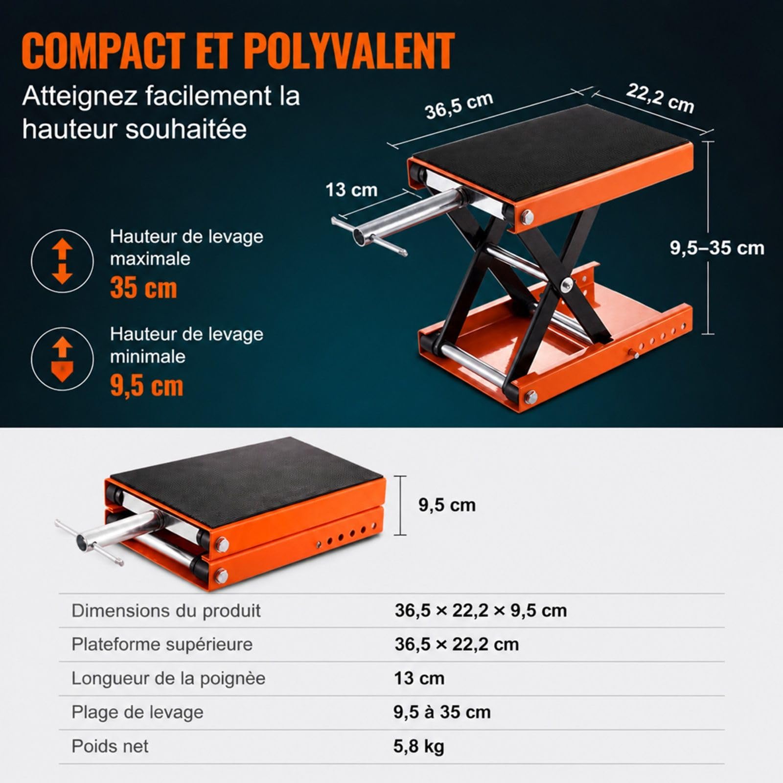 Cric de Moto hydraulique à Ciseaux, Pont élévateur Moto avec Plateforme et poignée pour Entretien de Moto, Quad et ATV en Atelier