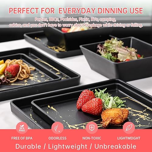 Miniatura 6 de Juego de vajilla de melamina – 12 piezas de platos cuadrados y cuencos para 4, uso en interiores y exteriores, apto para lavavajillas, negro